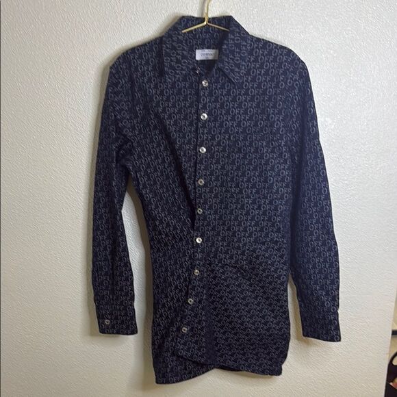 NWT- OFF-WHITE Navy Button-Up Shirt with Patterned logo Print- size 38 (Size 2) - Picture 3 of 16